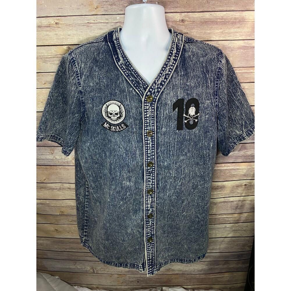 Retro Distrikt Denim Baseball Shirt Men’s Size XL Embroidered Mr. Skulls